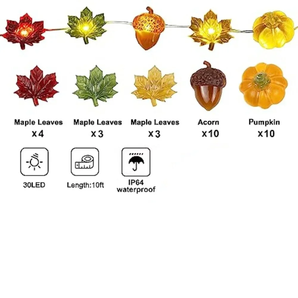 Fall String Lights Acorn Pumpkin Maple Leaf 3D LED 10 FT Thanksgiving Lights